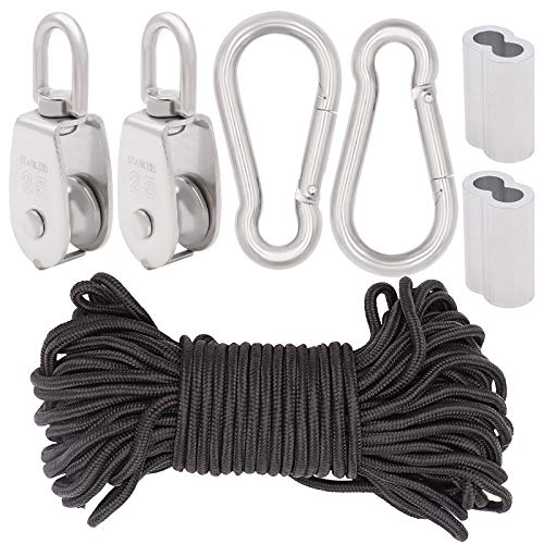 (Lot of 7pcs)2pcs M25 Single Pulley Block for Lifting and 2pcs M8 Carabiner Snap Hook Clips in 304 Stainless Steel,2pcs Aluminum Crimping Loop Sleeves with 1pcs 6mm X 20m Nylon Rope