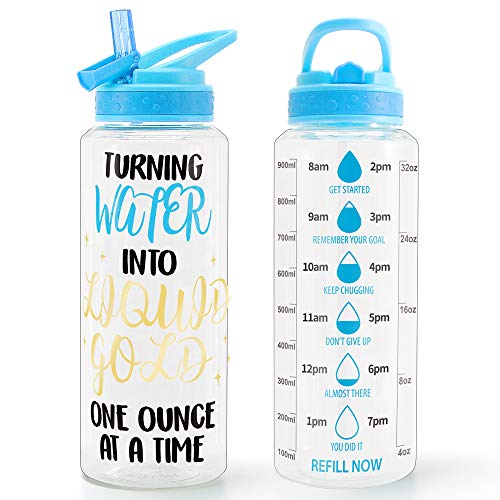 Home Tune 32oz Motivational Water Bottle with Straw & Time Marker, BPA FREE Tritan & Dustproof Flip Straw & Leak Proof & Carry Handle & Pretty Design & Easy Clean (Liquid Gold)