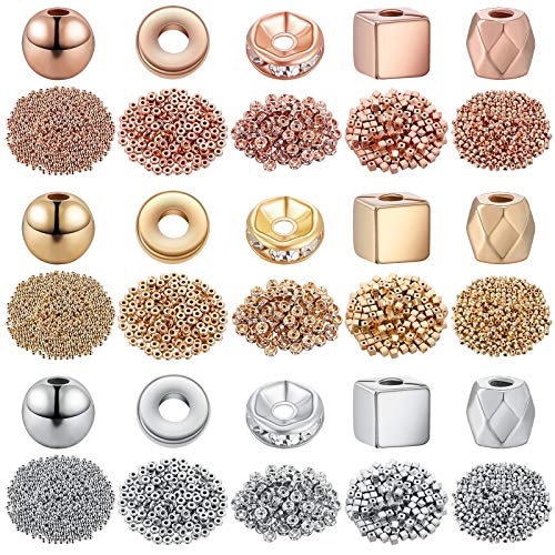 3630 Pieces Assorted Spacer Beads Faceted Rondelle Cube Beads Square Spacer Column Beads Crystal Round Jewelry Charms for Jewelry Making DIY Loose Beads, 5 Styles (Platinum, Gold, Rose Gold)