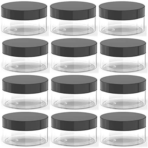 2oz Plastic Cosmetic Jars Leak Proof Clear Container with Black Lid for Cream, Lotion, Powder, ointment, Beauty Products etc, 12 Pcs.