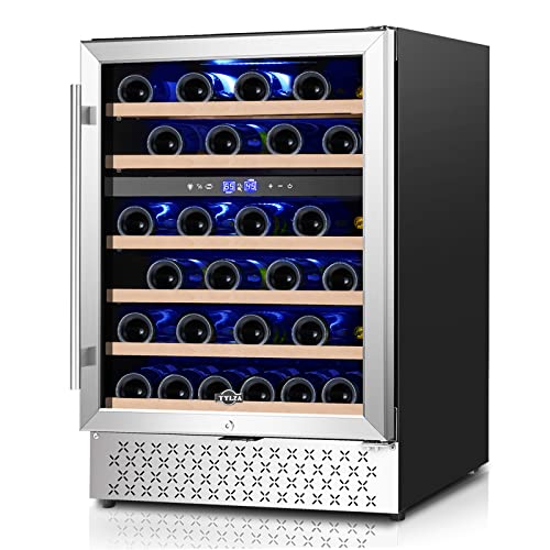 Tylza 24 Inch Wine Cooler Refrigerator 46 Bottle Dual Zone Built-in or Freestanding 24” Wine Fridge with Stainless Steel & Professional Compressor and Temperature Memory Function
