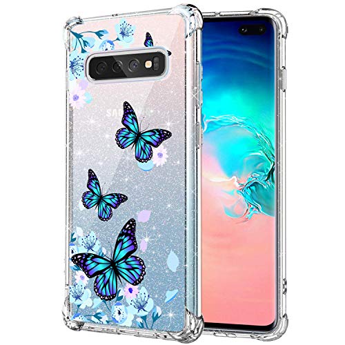 KIOMY Clear Glitter Case for Samsung Galaxy S10 Plus, Girls Women Bling Sparkly Shiny Luxury Cases with Flowers Butterfly Design Shockproof Bumper Protective Cell Phone Back Cover Slim Fit Flexible