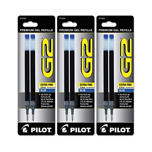 Pilot G2 Gel Ink Pen Refills, Extra Fine Point, 0.5mm, Blue Ink, 6 Refills