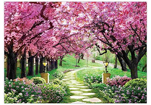 Funnytree 7x5FT Spring Backdrop Flower Tree Garden Path Landscape Background Wedding Baby Shower Birthday Party Decor Banner Supplies Studio Photography Photo Booth Prop Gift