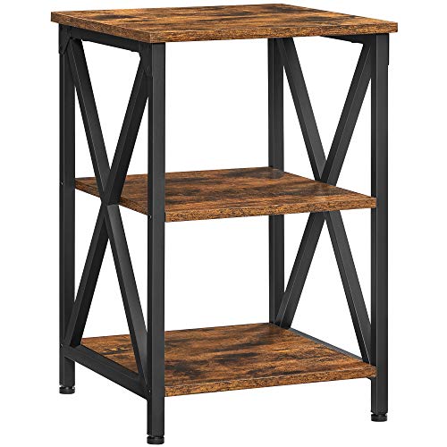 VASAGLE End Table, Side Table with Storage, 15.7 x 15.7 x 23.6 Inch, Nightstand with X-Shaped Steel Frame, Rustic Table for Living Room, Bedroom, Farmhouse 3-Tier, Rustic Brown and Black ULET278B01V1
