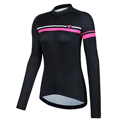 Cycling Jersey Women’s Long Sleeve Bike Biking Shirts Full Zip Bicycle Tops Cycling Clothes with 3 Pockets(Black,XL)