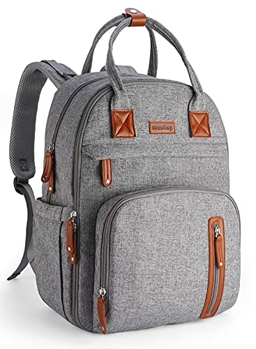 Diaper Bag Backpack, Multifunction Maternity Baby Nappy Changing Bags Large Capacity Waterproof Travel Back Pack with Stroller Straps & Luggage Strap, Unisex and Stylish (Grey)