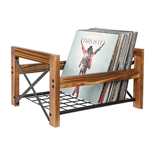 X-cosrack Vinyl Record Holder,Fits 7” -12” Records,Store Up to 100Albums,DVDs,or CDs-Wood Book Storage Stand,File Folder Racks,Modern Design,Brown