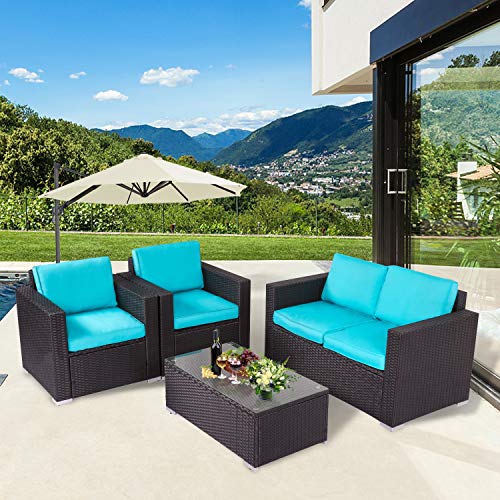 Kinsunny 4 Piece Outdoor Conversation Set Patio Sectional Sofa PE Wicker Furniture Sets with Glass Coffee Table and Cushions for Porch Lawn