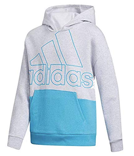 adidas Girls’ Hooded Fleece Pullover Sweatshirt (X-Large, Colorblock Light Grey Heather/Blue)