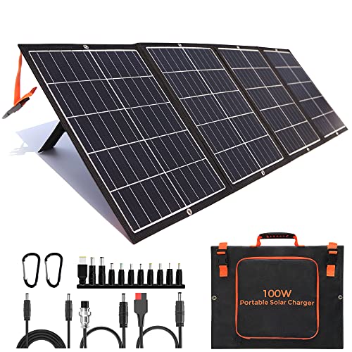 100W Portable Solar Panel Kit with Stand Foldable Solar Panel Charger for Jackery Power Station, 8mm Goal Zero Yeti Power Station, Suaoki Portable Generator, Phones, Laptop, with QC 3.0 USB DC Ports