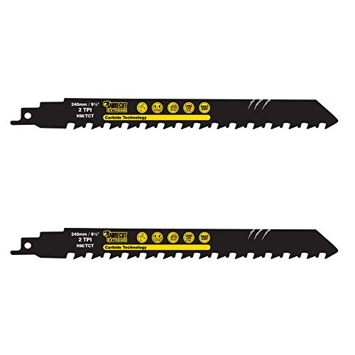 2 x SabreCut SCRS1543HM_2 Tungsten Carbide 9 29/64″ (240mm) 2 TPI S1543HM Small Bricks Poroton Fibre Cement Concrete Straight Cutting Reciprocating Sabre Saw Compatible with Bosch Dewalt and others