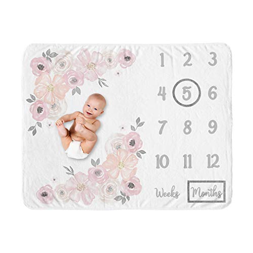 Sweet Jojo Designs Watercolor Floral Girl Milestone Blanket Monthly Newborn First Year Growth Mat Baby Shower Memory Keepsake Gift Picture – Blush Pink, Grey and White Boho Shabby Chic Rose Flower
