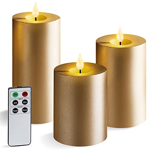 LampLust Gold Flameless Candles with Remote – Set of 3, Flickering 3D Flame, Real Wax, Batteries Included, Realistic Black Wick, LED Pillar Candle with Timer