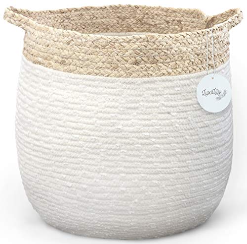 Cotton Rope Basket with Corn Skin – Large Woven Storage Basket for Laundry, Decorative Baby Organizer for Blankets and Toys, Natural Beige Color, Safe for Kids, White Housewarming Home Decor Gift