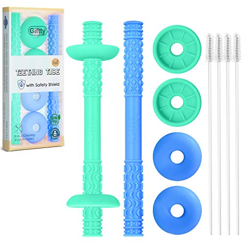 Teething Tube with Safety Shield Baby Hollow Teether Sensory Toys Gum Massager, Food-Grade Silicone for Infant 3-12 Months Boys Girls, 1 Pair with 4 Cleaning Brush Included (Emerald+Blue)