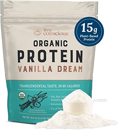 Organic Pea Protein Powder – Vanilla Dream Flavor | Low-carb Plant-Based Vegan Protein Blend – Pea, Brown Rice, Pumpkin, Sacha Inchi | 20 Servings 18.2 oz – by Live Conscious