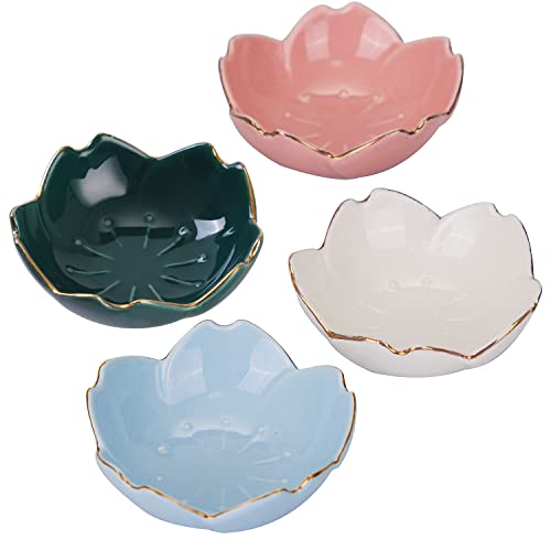 VanEnjoy Set of 4 Ceramic Seasoning Dishes Dish Sushi Dipping Bowl, Cherry Blossom Sauce Tea Bag Holder Serving Dish for Kitchen