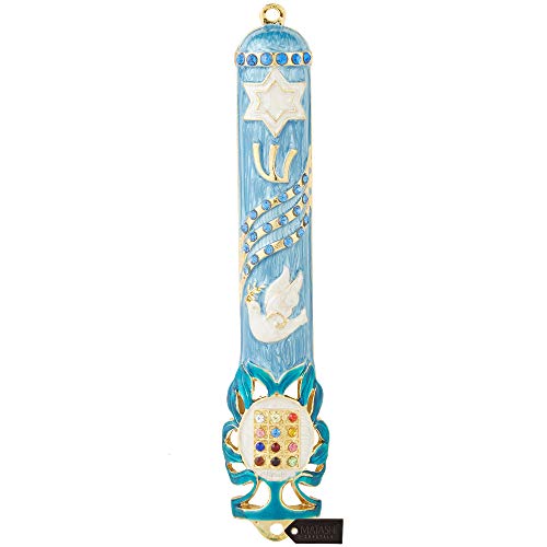 Matashi Hand Painted 5.7″ Blue Dove Mezuzah Embellished with Gold Accents and Star of David with Crystals, Hand-Painted Enamel Home Door Wall Decor Housewarming Present House Blessing Gift for Holiday