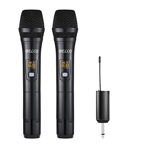 BELOS Wireless Microphone, UHF Cordless Dual Handheld Dynamic Mic System Set with Rechargeable Receiver, 165 ft Range, 6.35mm(1/4”) Plug, for Karaoke, Voice Amplifier, PA System, Singing Machine, DJ