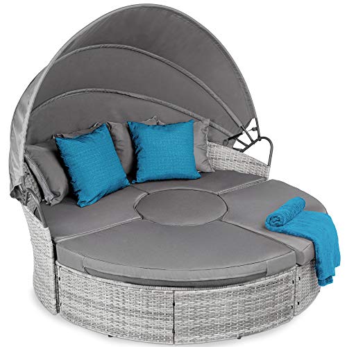 Best Choice Products 5-Piece Modular Patio Wicker Daybed Sectional Conversation Lounger Set w/ 2-in-1 Setup, Adjustable Seats, Clips, Retractable Canopy, Cover, Weather-Resistant Cushions – Gray