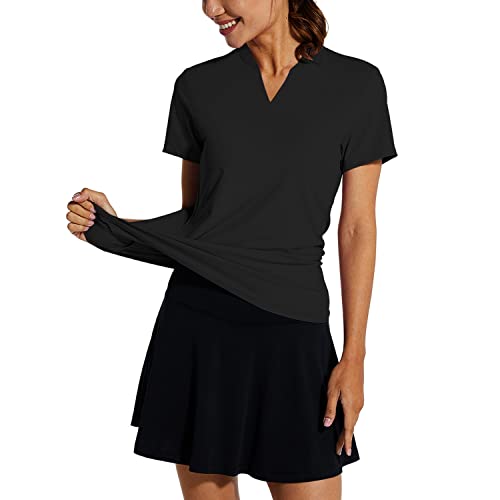 BALEAF Women’s Golf Tennis Shirts V-Neck Lightweight Quick Dry UPF 50+ Sun Protection Short Sleeve Polo Shirts Collarless Black Size M