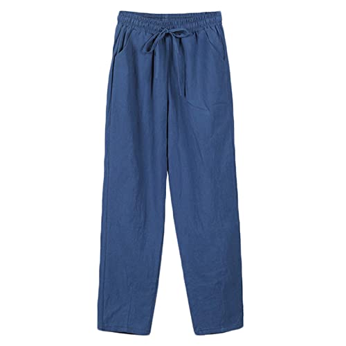 Andongnywell Womens Casual Cotton Linen Straight leg Pants Loose Drawstring Elastic Waist Harem Pant with Pockets (Blue,Medium)