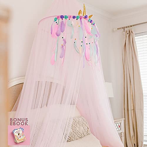 Unicorn Princes Bed Canopy for Girls – Unicorn Kids Canopy for Bed – Bed Netting Canopy for Girls – Hanging Reading Nook Canopy for Girls Room – Little Girls Canopy for Queen Bed with E-Book