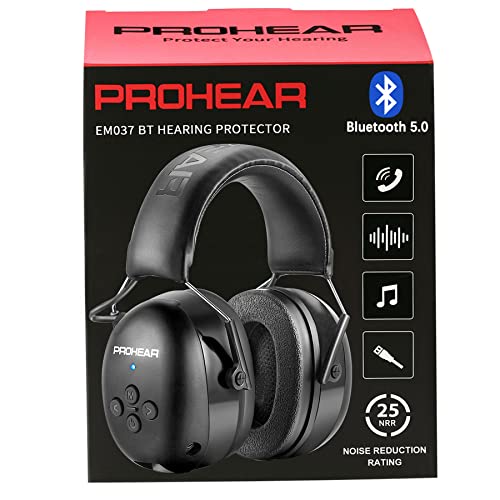PROHEAR 037 Bluetooth 5.0 Hearing Protection Headphones with Rechargeable 1100mAh Battery, 25dB NRR Safety Noise Reduction Ear Muffs with 40H Playtime for Mowing, Workshops, Snowblowing – Black