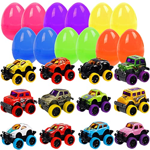WATERGLIDE Set of 12 Pull Back Cars for 3-6 Year Old Boys, Easter Eggs Filled with Pullback Monster Vehicles Toys, Easter Egg Hunt, Basket Stuffers Filler, Party Favor Easter Gifts for Boys Age 3-6