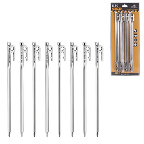 CAMPINGMOON 11.81-inch 8pcs Martensitic Stainless Steel 420J2 Hardened Forged Tent Stake Power Peg Ideal for Hard Ground R-30-8P