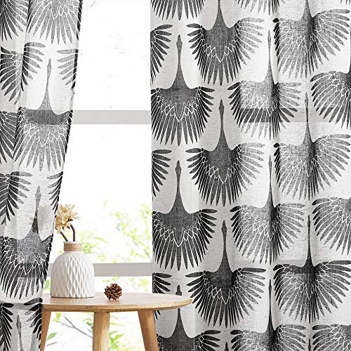 KGORGE Sheer Curtains 84 inch Length – Natural Linen Floral Curtains Geometric Print Half Translucent Washable Window Drapes for Bedroom Living Room French Door, Set of 2, Black