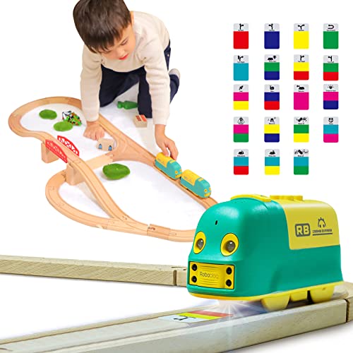 Robobloq Wooden Train Set, Toddler Learning Toys Ages 2-4, 25 PCS Wooden Tracks, 22 Functions Lights/Music, 3 Game Modes, Preschool Educational Toys Gifts for Kids, Compatible with Major Brands