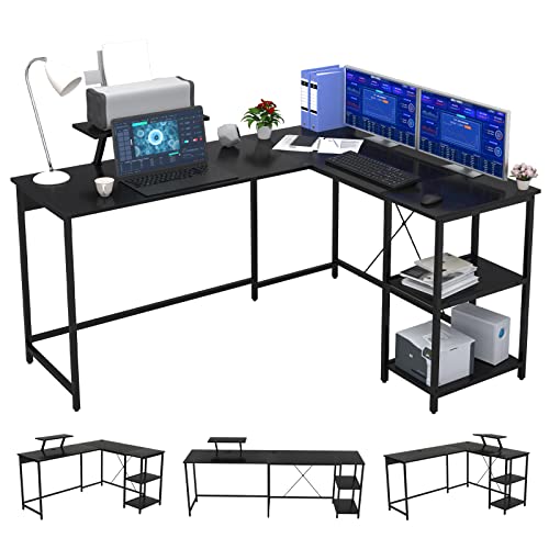 OUTFINE L Shaped Desk Corner Desk Double Computer Desk Home Office Gaming Workstation with Storage Shelves and Monitor Stand
