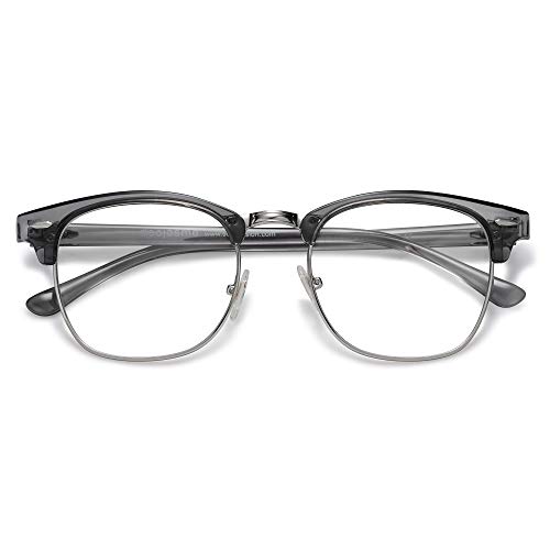 SOJOS Retro Semi Rimless Blue Light Blocking Glasses Half Horn Rimmed Eyeglasses SJ5018, Clear Grey Frame/Silver Rim