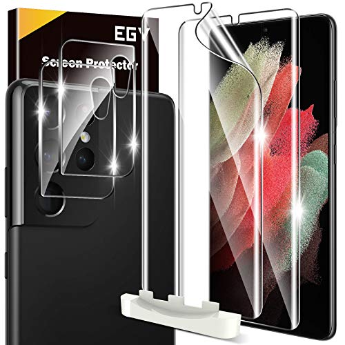 [2+2 Pack] EGV Compatible for Samsung Galaxy S21 Ultra 5G 6.8-inch, Flexible TPU Screen Protector and Tempered Glass Camera Lens Protector [Support Fingerprint Reader] [Easy Installation] Model No.ZZU