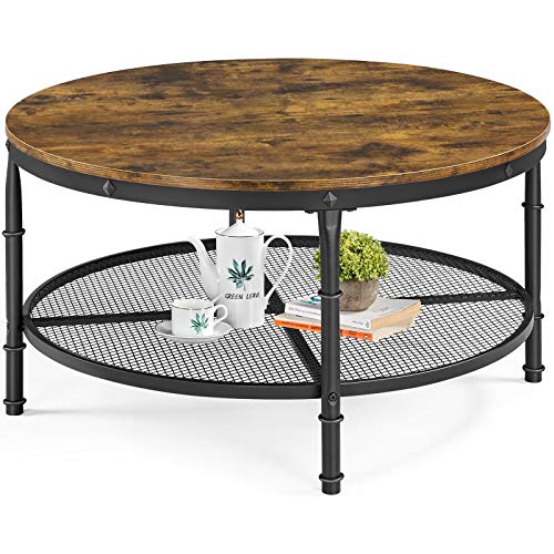 Yaheetech 35.5 inch Round Coffee Table, 2-Tier Rustic Wood Coffee Table for Living Room, Industrial Center Table with Metal Frame and Wood Desktop,Easy Assembly, Rustic Brown