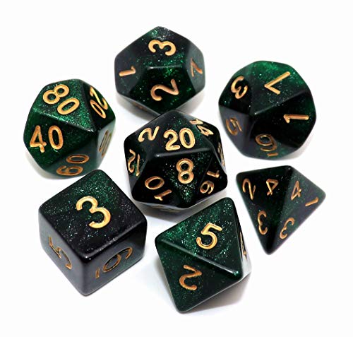 CREEBUY Polyhedral DND Dice Set Glitter Dice for Dungeon and Dragons D&D RPG Role Playing Games Green Mix Black Nebula Dice