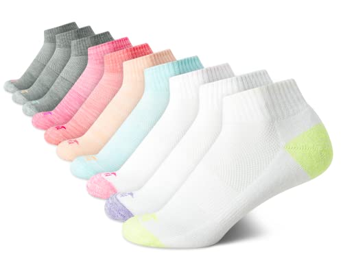 Avia Girls Athletic Performance Cushion Quarter Cut Ankle Socks (10 Pack), Size Medium/Shoe Size: 10.5-4 , Brights/ White