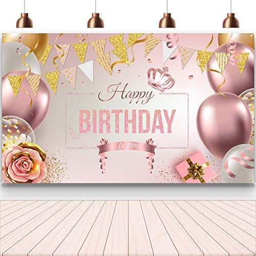 Enjoyfun Happy Birthday Decorations Banner Large Rose Gold Balloons Backdrop Theme Poster for Girl Women Birthday Celebration Banner Party Supplies Photo Booth Studio Props Decor