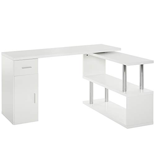 HOMCOM L-Shaped Rotating Computer Desk Home Office Study Workstation with Storage Shelves, Cabinet and Drawer for Home & Office, White