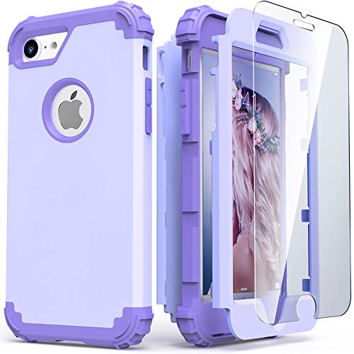 IDweel iPhone 8 Case with Tempered Glass Screen Protector, iPhone 7 Case, 3 in 1 Shockproof Hybrid Heavy Duty Hard PC Cover Soft Silicone Durable Bumper Full Body Durable Case, Purple