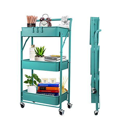 totolot 3-Tier Collapsible Rolling Utility Cart with Lockable Caster Wheels, Metal Storage Cart for Classroom, Office, Bathroom, Blue