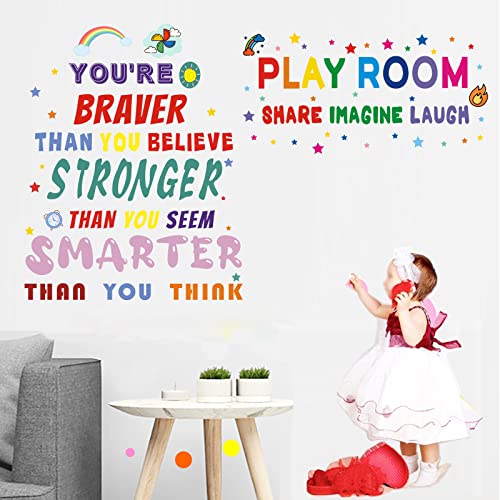 MicButty Colorful Inspirational Wall Decal Motivational Phrases Sticker Stronger, Smarter, Playroom Share Imagine Laugh, Thank You Think Decals for Classroom Playroom