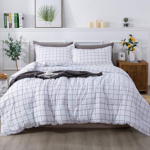 Andency White Grid Comforter Full(79x90Inch), 3 Pieces(1 Plaid Comforter and 2 Pillowcases) White Plaid Comforter Set, Microfiber Down Alternative Comforter Bedding Set