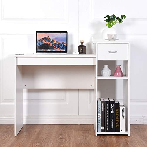 Home Office Dorm Bedroom Furniture Elegant Decor Laptop PC Sturdy Wood Writing Desk White Computer Table with Shelf and Drawer Large Capacity Classic Design Smooth Desktop