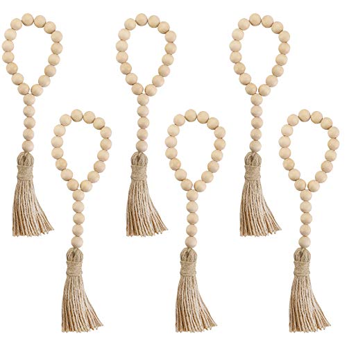 Foraineam 6 Pcs Wood Bead Garland Farmhouse Beads Rustic Country Decor Prayer Beads with Tassel for Home Car Wall Hanging Decor
