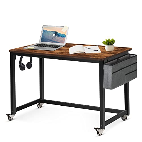 AHB 47″ Rolling Computer Desk with 4 Smooth Wheels and 3 Iron Hooks, Simple Style Mobile Writing Desk Home Office Study Table Movable Workstation with Metal Frame