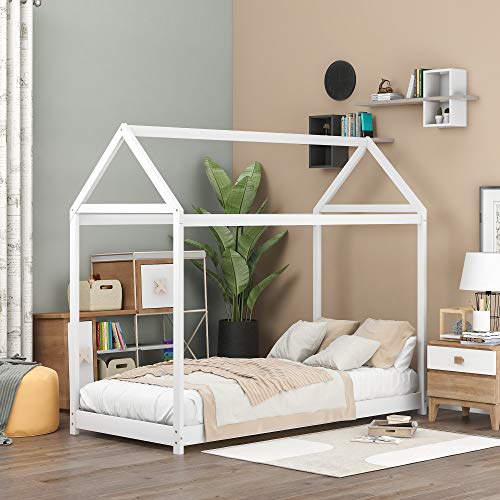 Olela Twin House Bed Frame for Kids Wooden Floor Bed Frame Novelty Montessori Style, No Box Spring Needed, White
