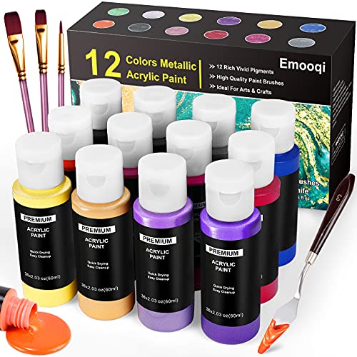 Emooqi Metallic Acrylic Paint Set, 12×60ml Professional Metallic Paint with 3 Free Paint Brushes and 1 Scraper, Non-Fading Paint Suitable for Beginners and Artists, Multi-Surface Paints Set